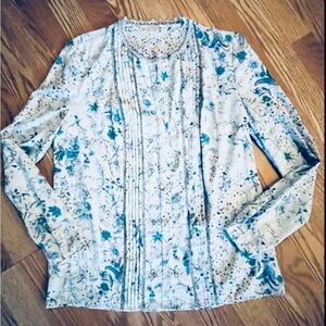 Tahari Blouse White With Blue Floral Print